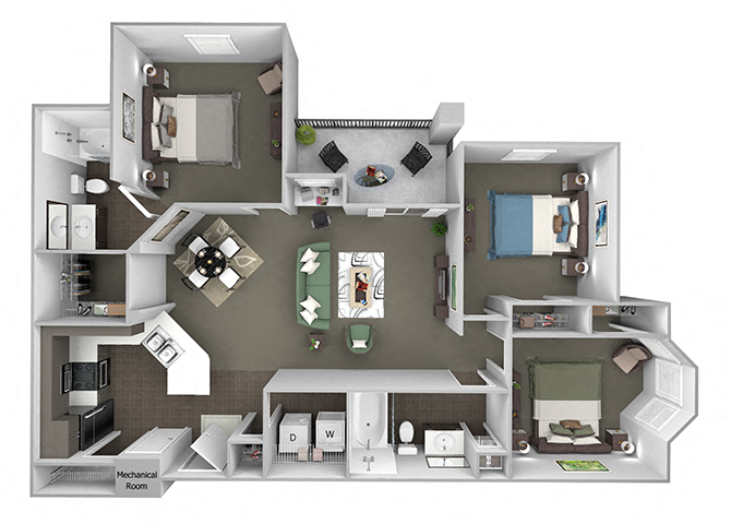 Floor plan for 3 beds, 2 baths, 1292 sqft